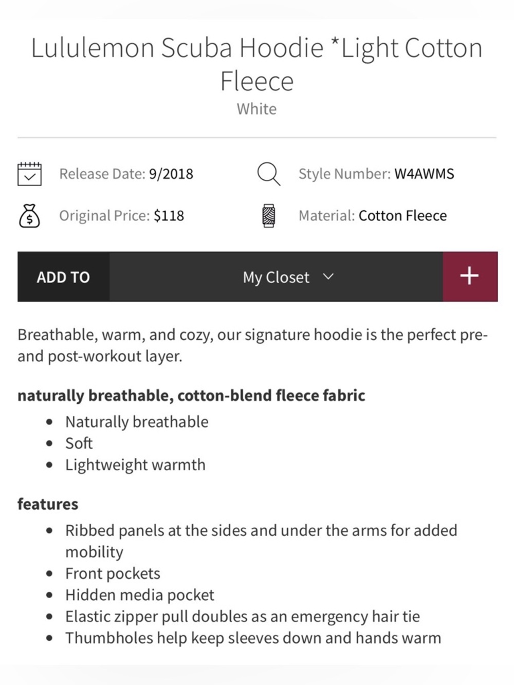 Lululemon white scuba full-zip hoodie - Picture 2 of 6